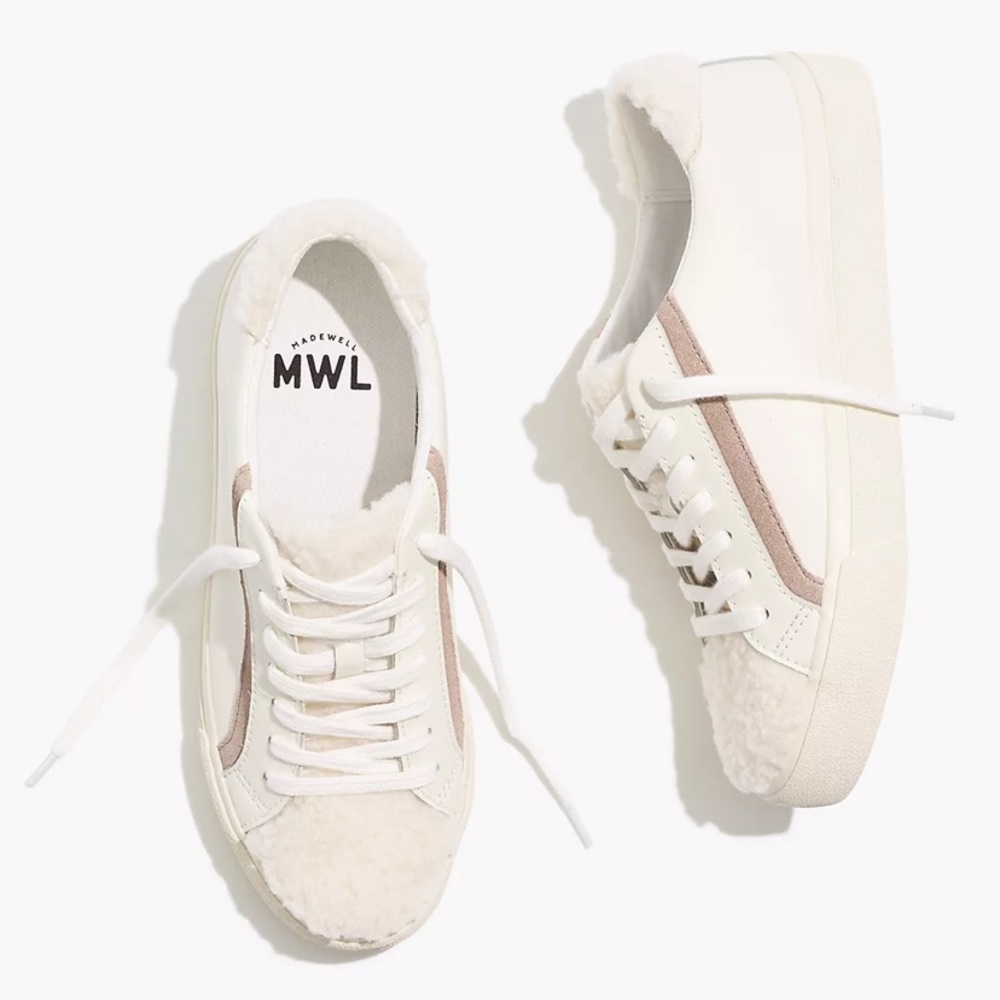 Madewell court sneakers, Sherpa edition, in tan and white